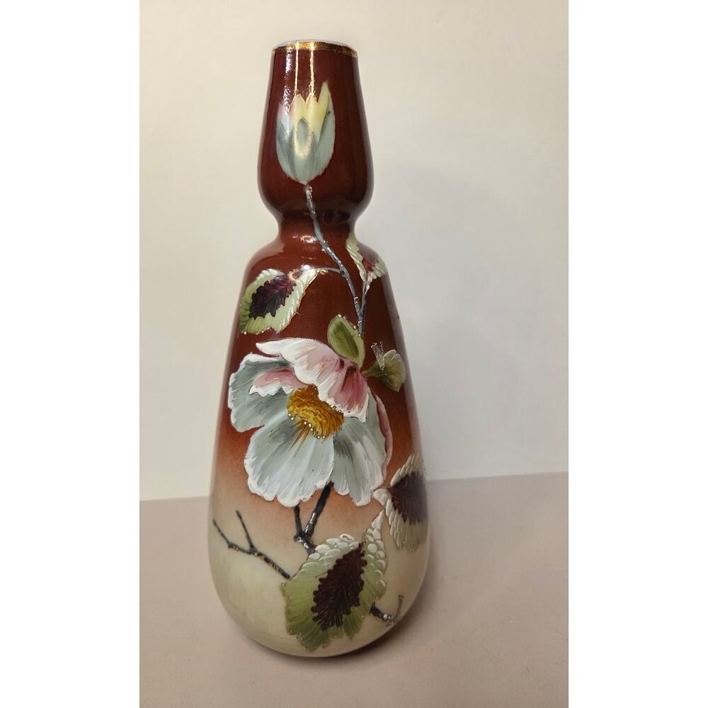 Antique Hand-Painted Milk Glass Vase Victorian Floral Enamel 9.5";  c. 1900